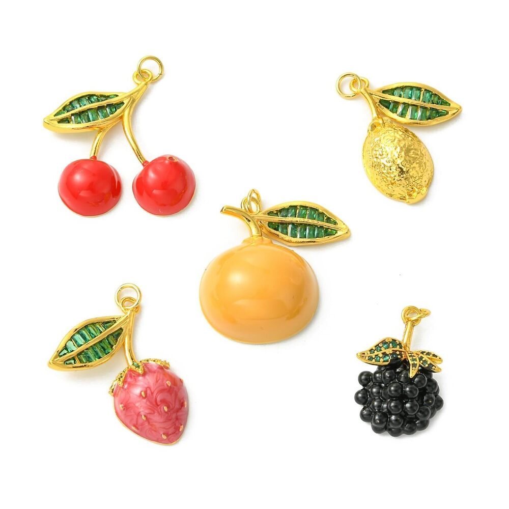 4039 5Pcs Lemon Grape Strawberry Cherry Charms Enamel Brass Dangle Fruit